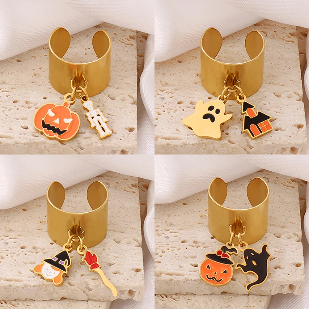 316L Stainless Steel Ghost Spider Bat Pendant Open Rings Creative Funny Broom Mummy Round Ring For Women Halloween Party Jewelry