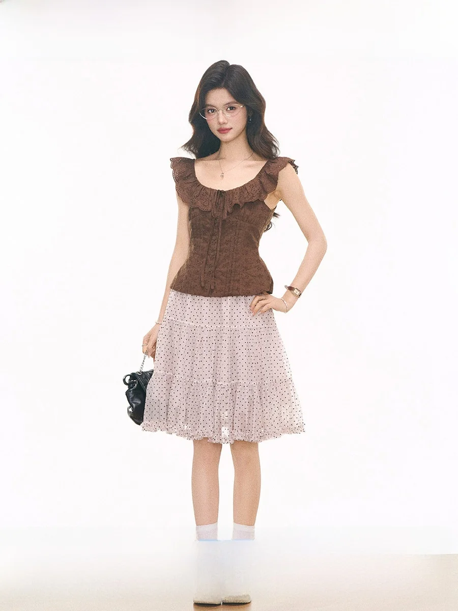 

WESTAYONE New 414 Embroidered Hollow out Fly Sleeve Top Polka Dot Mesh Half Skirt Fashionable Women's Summer Spring Outfit