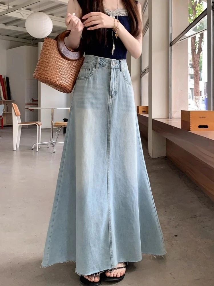 Qiukichonson Maxi Long Skirt Women Spring Summer Korean Casual High Waist Jean Skirt Ladies Tassel A-Line Ruffle Denim Skirt rok - view 2
