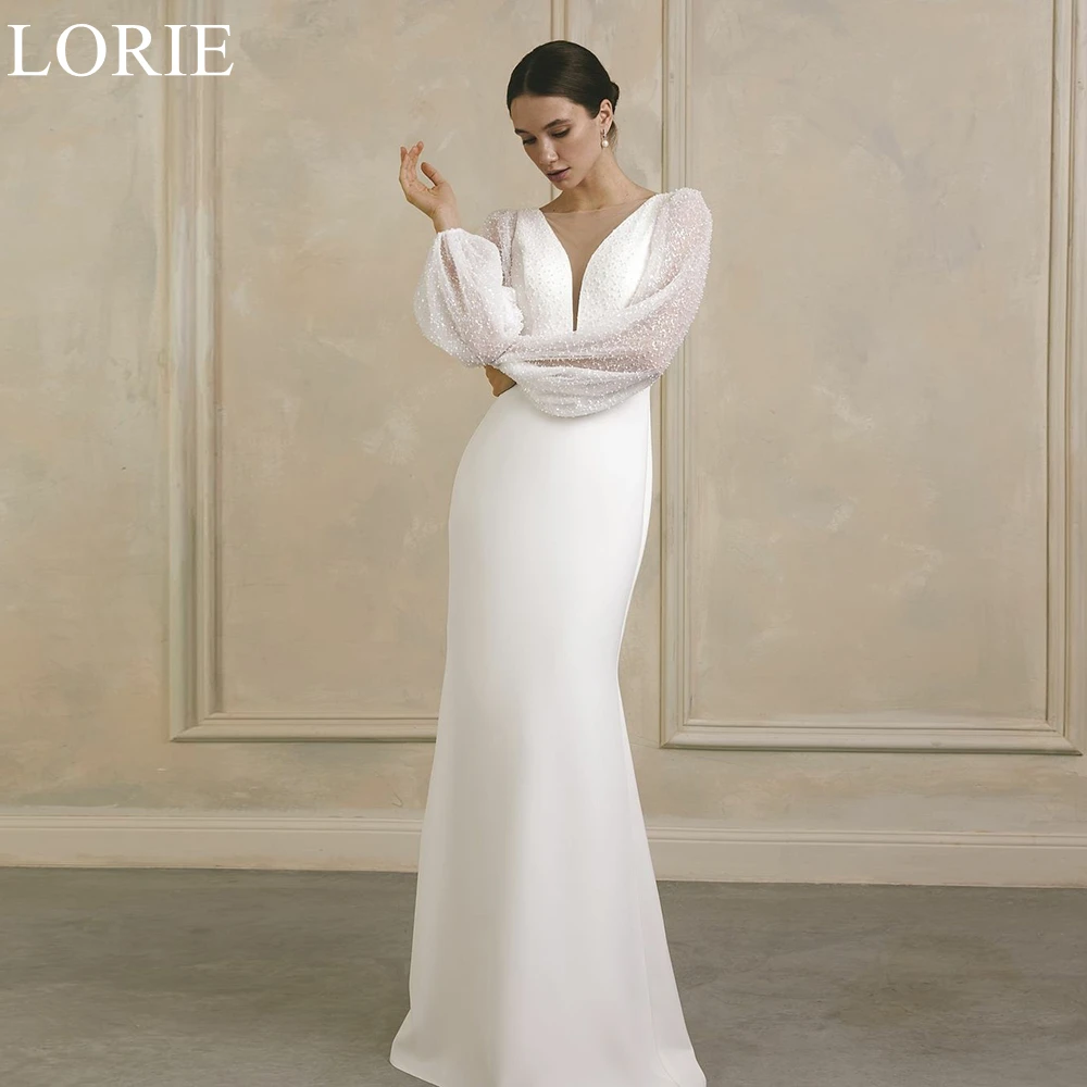 LORIE Elegante Satin-Brautkleider mit tiefem V-Ausschnitt, Meerjungfrau, Perlenstickerei, lange Puffärmel, rückenfrei, Braut-Abschlussballkleid 2024, Brautkleider