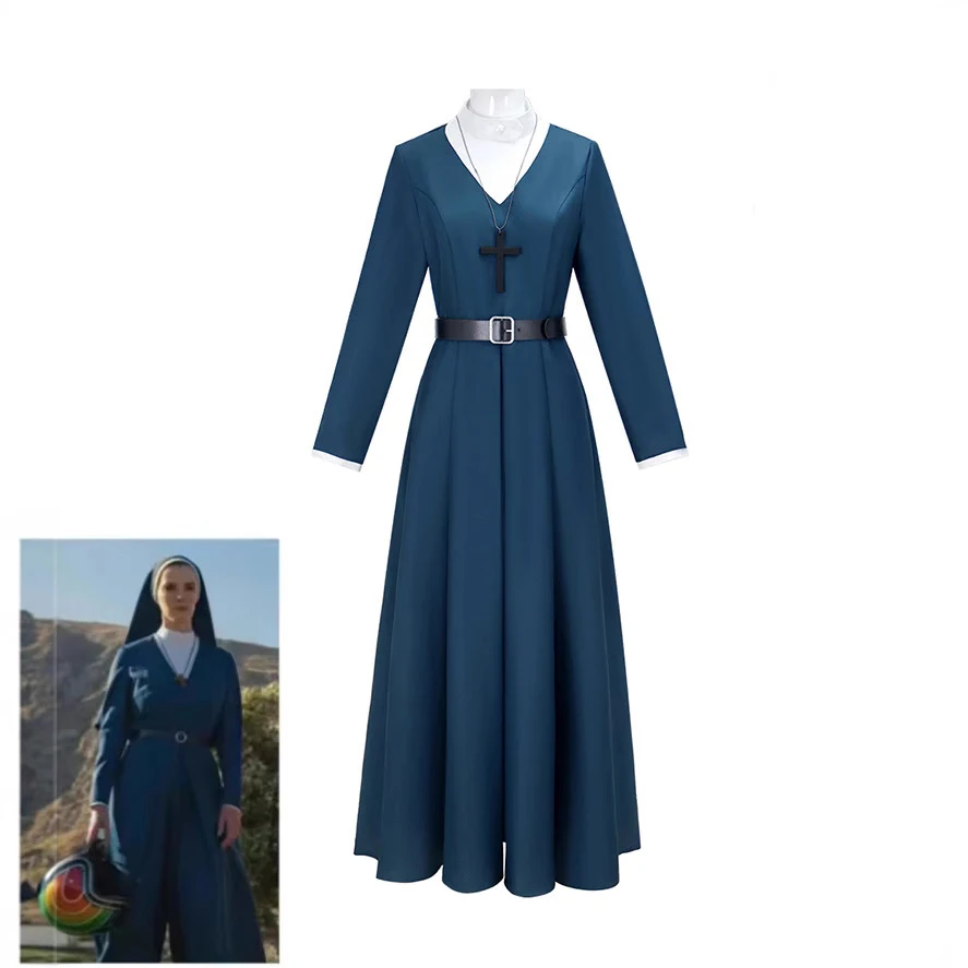 Disfraz de Cosplay de la Sra. Davis Nun Simone, vestido azul con sombrero, traje de monja completo para mujer, traje de Carnaval de Halloween