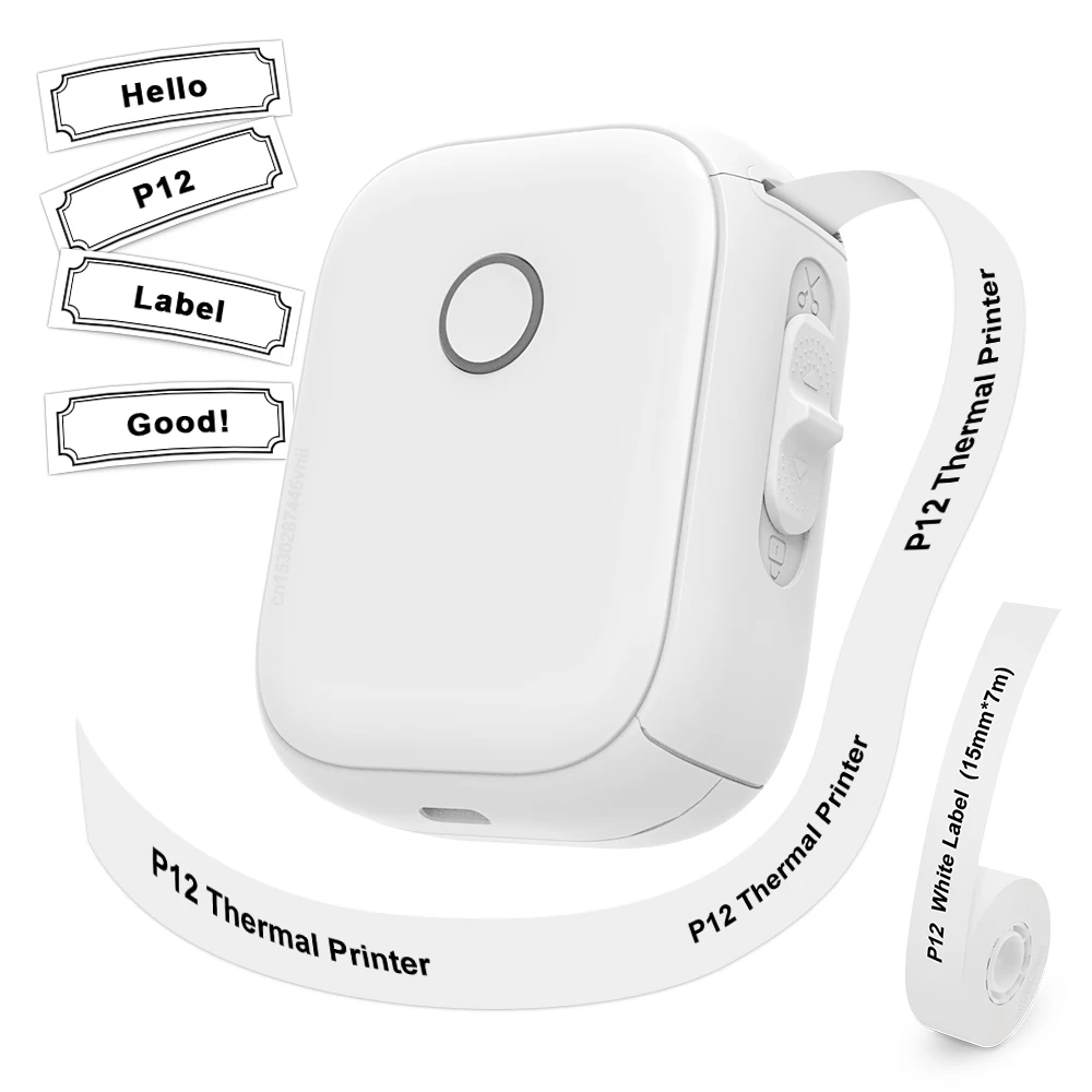Mini Drukarka Termiczna P12 Przenośna Bezprzewodowa Drukarka Etykiet Bluetooth z Samoprzylepną Taśmą do Etykiet, Pasuje do Drukarki Etykiet Marklife P12
