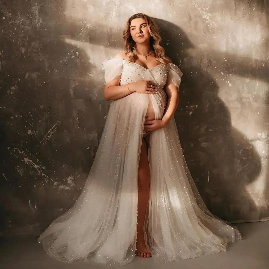 

Прозрачные элегантные платья для беременных, платье с заниженными плечами и жемчугом, бусинами, платье с высоким разрезом для беременной, жены, подарок на день Святого Валентина