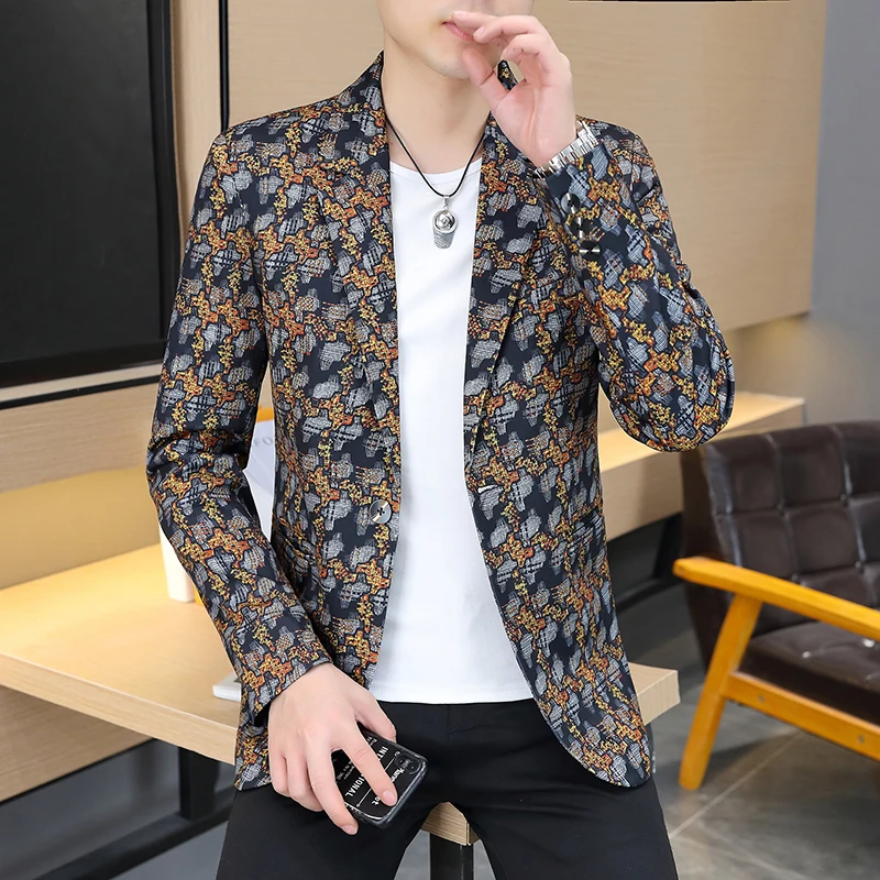 New Explosive Personality Print Fashion Pattern with Casual Style Suit Jacket Lapels Handsome Comfortable Men's Clothing