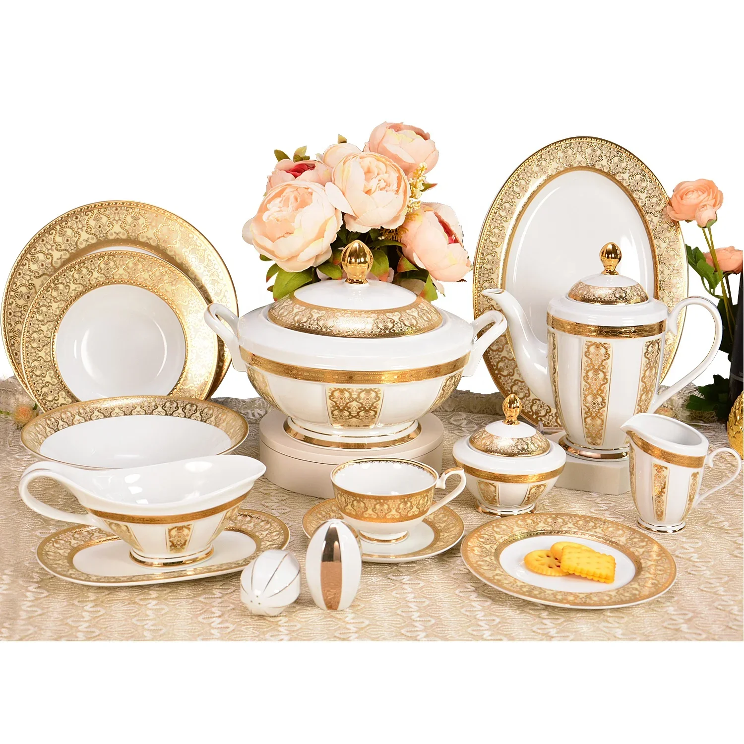 Luxury Gold Rim Ceramic Plates Sets China Porcelain Gold Dinner Set Royal Tableware Gold Tableware