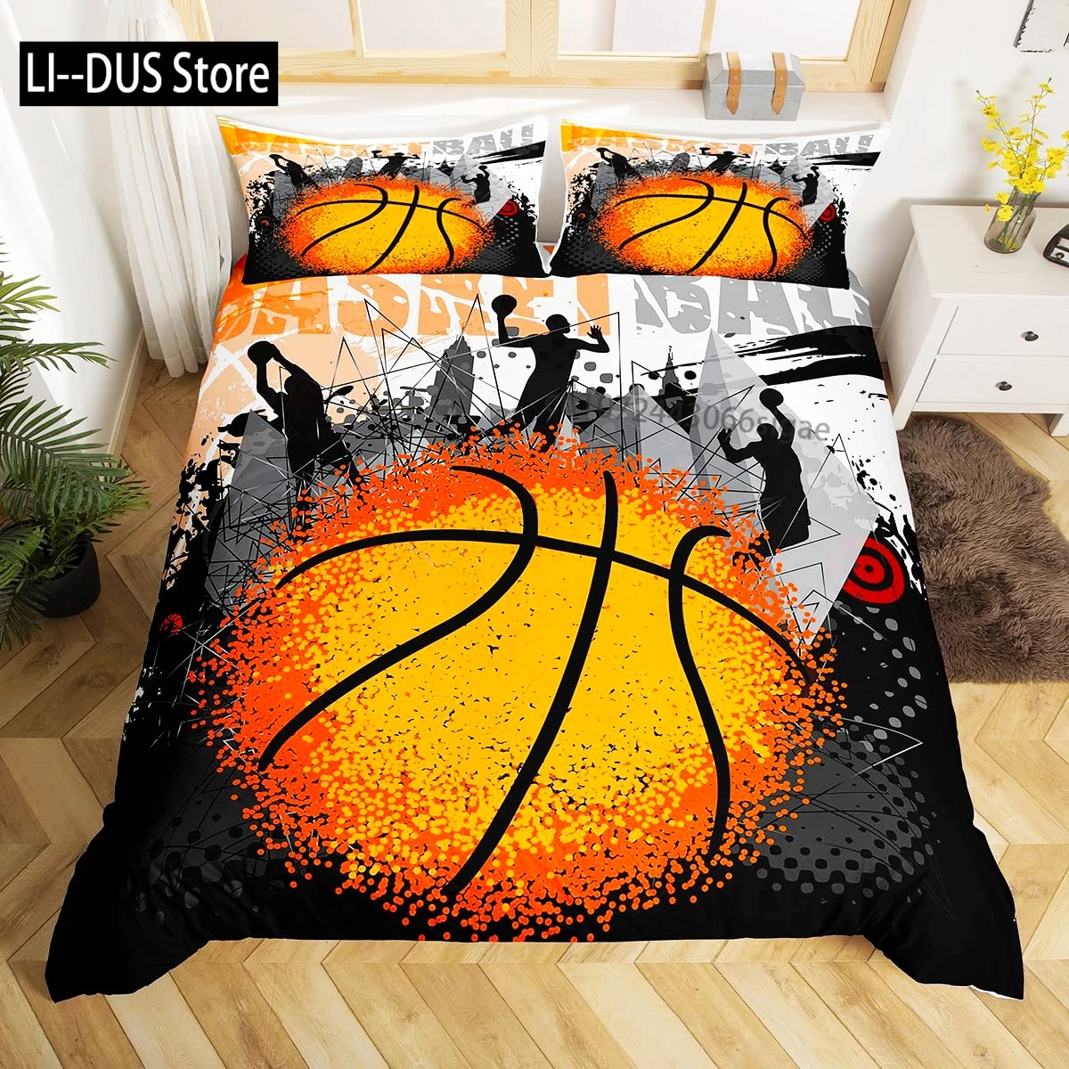 

Watercolor Cartoon Basketball Print Bedding Set, Duvet Cover for Kid Teen Boys, Sports Quilt Cover with 2 Pillowcases,Full Size