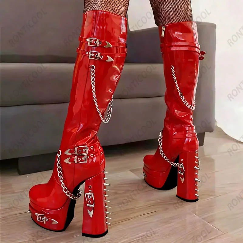 Ronticool Real Photos Women Winter Knee Boots Buckle Strap Block High Heels Round Toe Pretty Black Punk Shoes Plus US Size 5-20