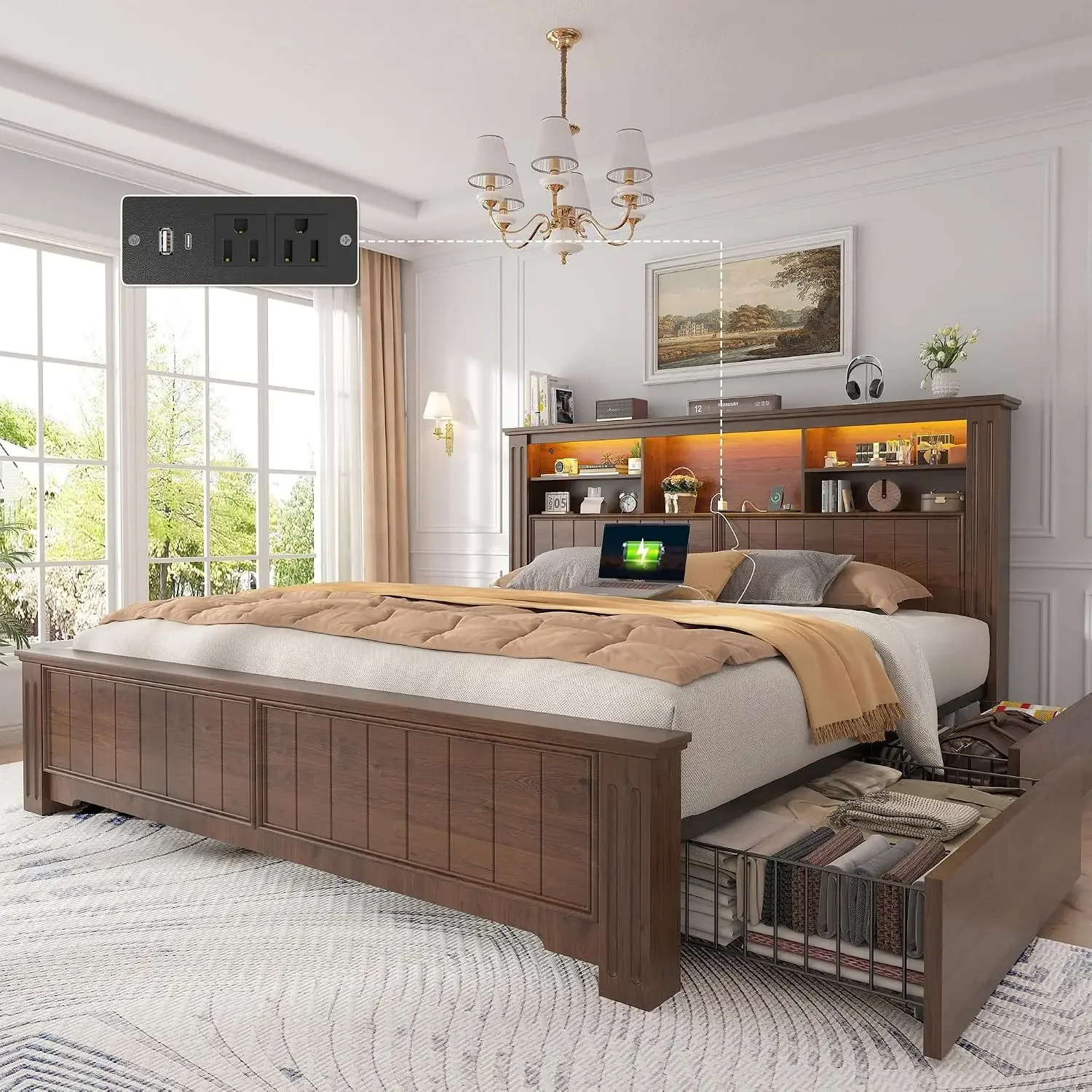 with 4 Storage Drawers and Headboard Shelf,Brown | LED Lights,Built in Charging Station,Noise-Free,No Box Spring Queen Bed Frame