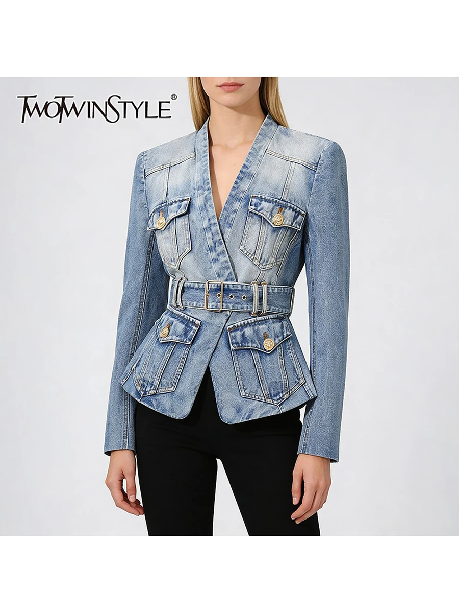 TWOTWINSTYLE Fashion Slimming Spliced Pockets Cowboy Jackets for Women V Neck Long Sleeve Tunic Patchwork Belt Jacket Female New