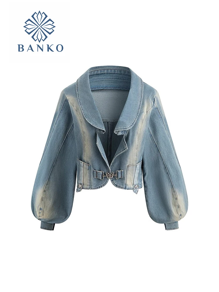 

Harajuku American Lapel Collar Jean Jacket Autumn Winter Fashion Office Lady Washed Blue New Cowboy Outwear Bow Single Button