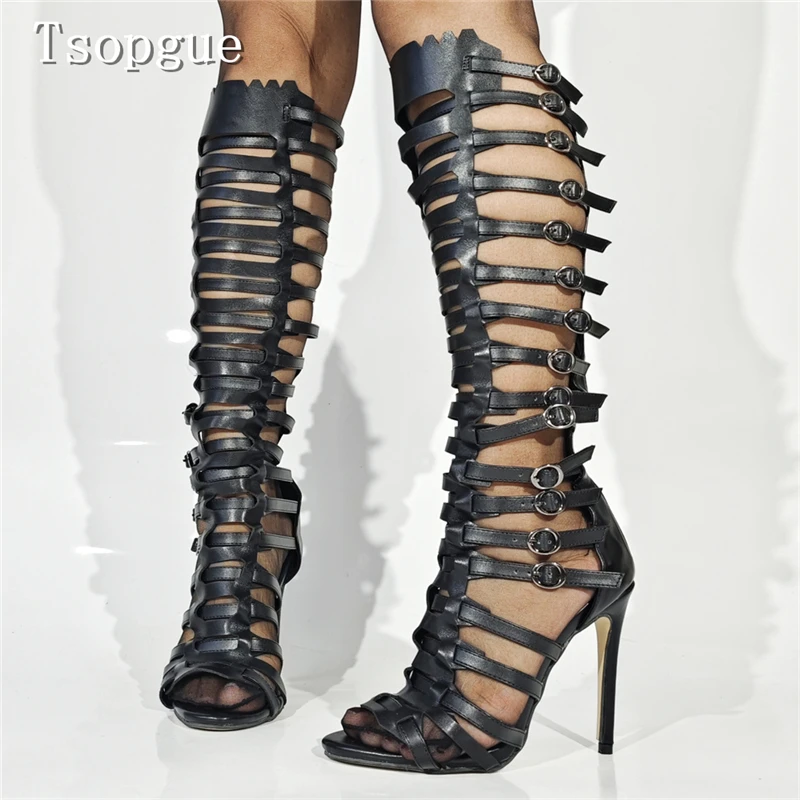 

Women's Black Gladiator Knee High Summer Boots Peep Toe Narrow Band Thin High Heels Sandals Fashion Runway Show Stiletto Shoes