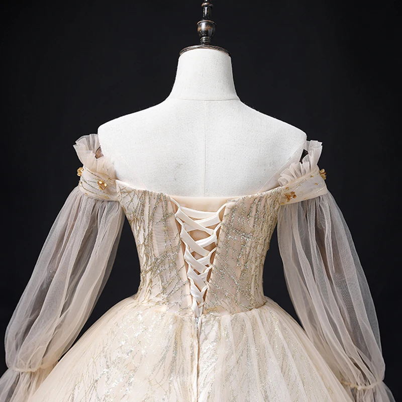 AnXin SH vintage champán encaje cuello barco manga larga ilusión rebordear vestido de bola de cristal con cordones vestido de noche personalizado