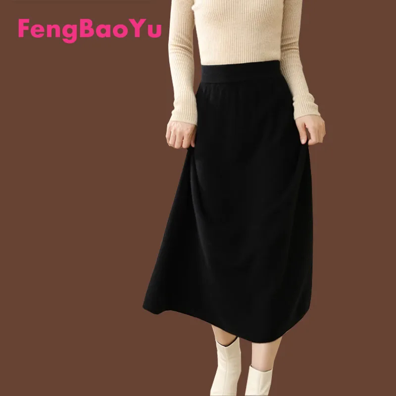 

Fengbaoyu Autumn Winter 100% Wool Skirt Ladies Elastic Knit Long High Waisted A-line Skirt Umbrella Type Black Temperament Skirt