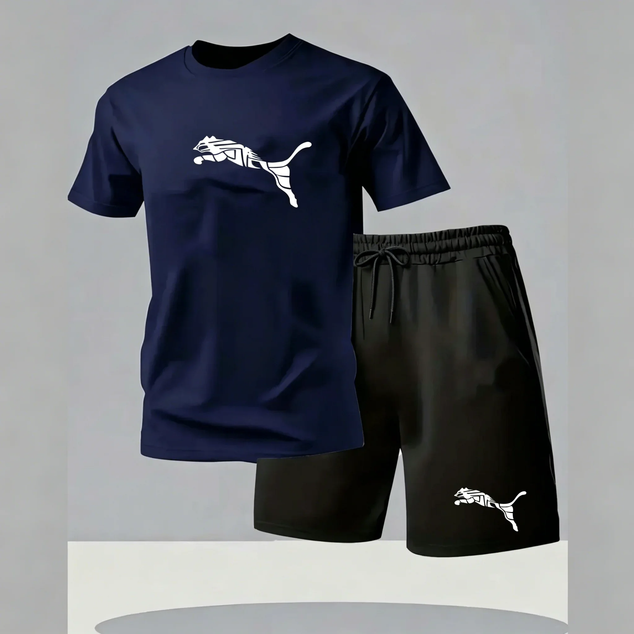 Men's new fashionable casual T-shirt shorts two-piece set 2026 men's summer outdoor sports breathable set breathable mesh