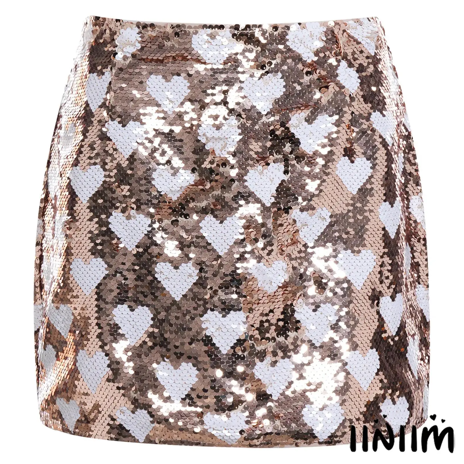 

Glittery Sequin Bodycon Skirt Women Heart Pattern Allover Design with Lining And Back Zipper for Valentines Party Clubwear
