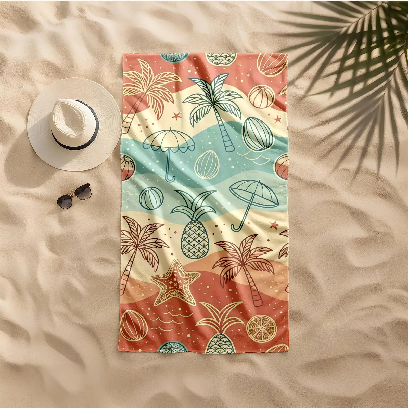 Retro Summer Beach Motifs 2D Printed Microfiber Beach Towel quick dry super absorbent