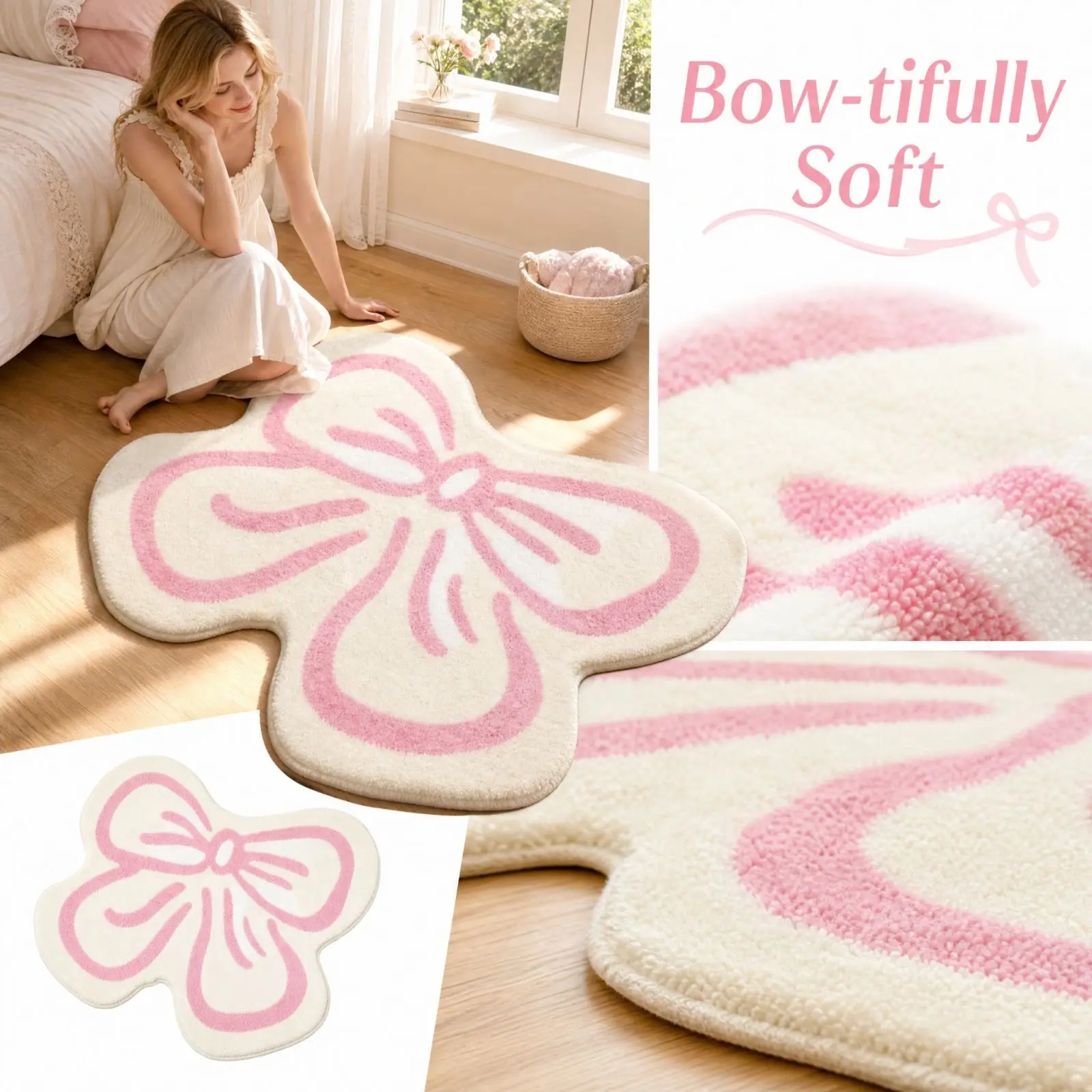 Cute Bowknot Rug Non Slip Wear Resistant Bedroom Window Sill Carpet Stain Resistant Easy Care Sweet Bedside Floor Mat