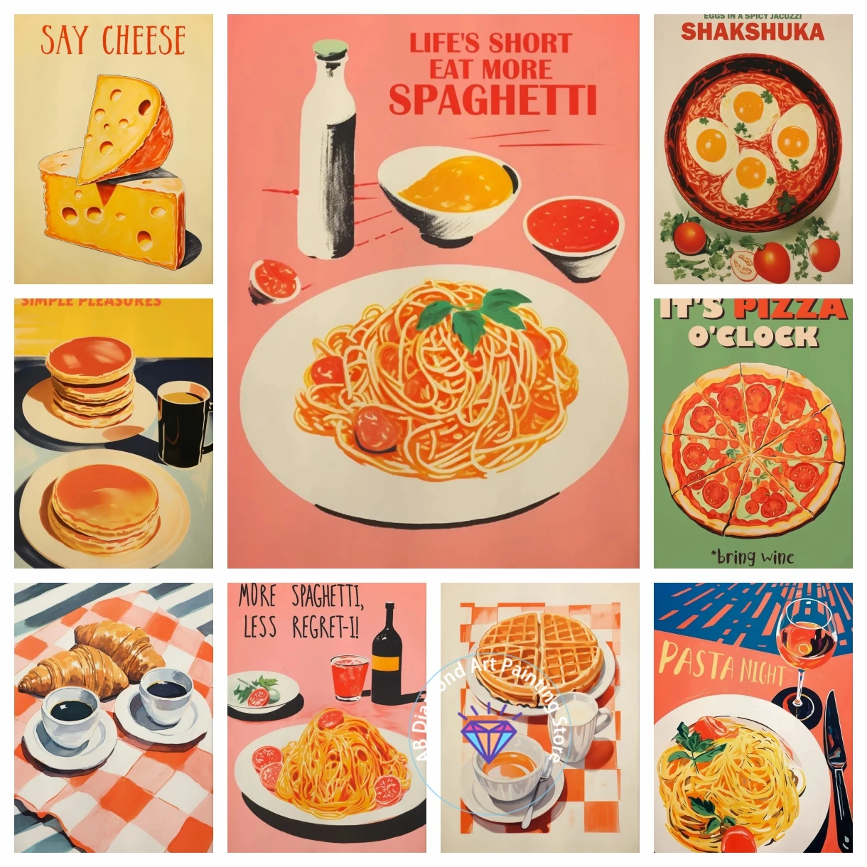 

AB Diamond Painting Kit Food Breakfast Cheese Egg Spaghetti Pizza Pancake Kitchen Embroidery Mosaic Cross Stitch Home Decor Gift