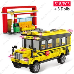 2025 City Yellow Passenger Bus Building Blocks School Bus Station Action Figures Traffic Bricks Model Kids Toys DIY Gift Sets