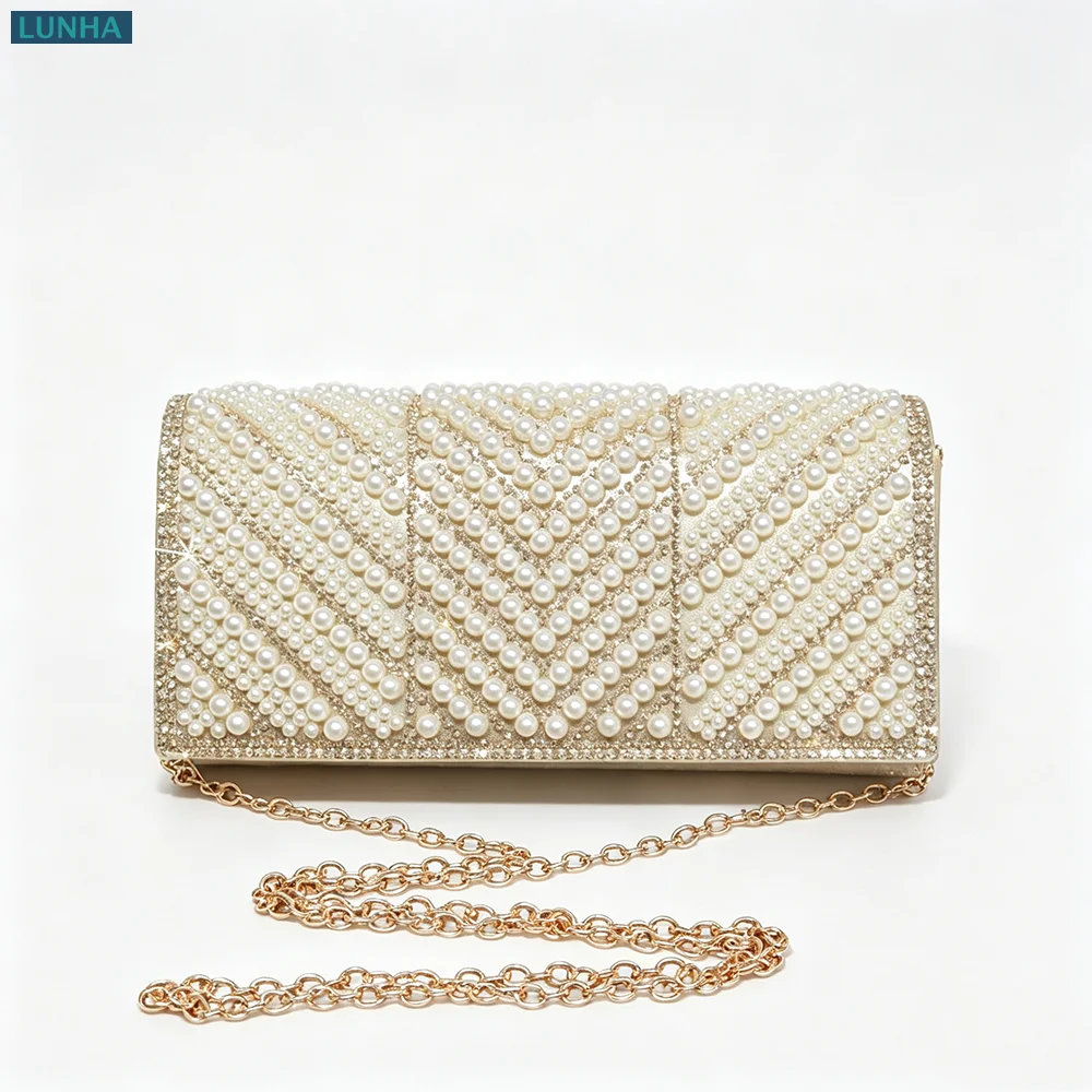Flap Bag Envelope - กระเป๋าคลัทช์สำหรับผู้หญิงประดับมุกและคริสตัลสำหรับงานเลี้ยงตอนเย็น กระเป๋าทรงซองจดหมายแบบมีฝาปิด ประดับประกายระยิบระยับ กระเป๋าถือสำหรับงานแต่งงานสุดหรูพร้อมสายสะพายโซ่