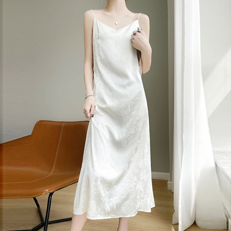 Temperament New Acetic Sling Dress Women's Summer Long-sleeved V-neck New Chinese Satin Skirt