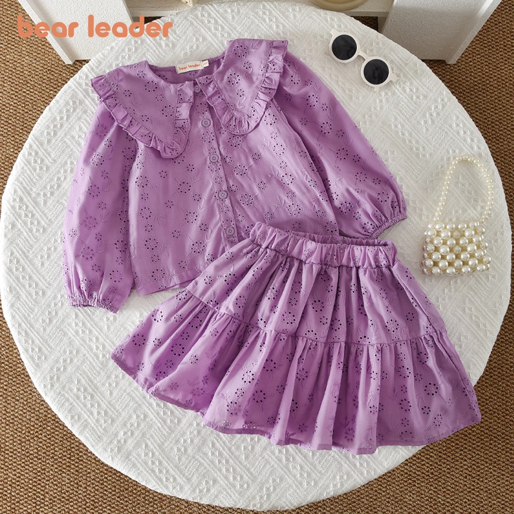Bear Leader Korean Version Purple Flower Embroidery Long Sleeved Girls Clothes Sweet Lapel Shirt Top+Short Skirt Children's Set
