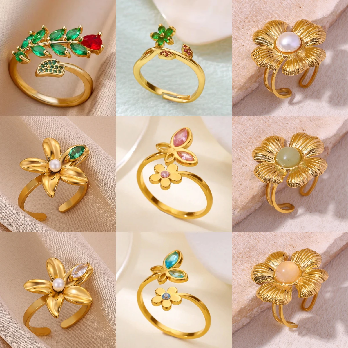 

Cute Colorful Zirconia Flower Ring For Women Elegant Gold Color Stainless Steel Opening Lily Rings Vintage Jewelry Wedding Bague