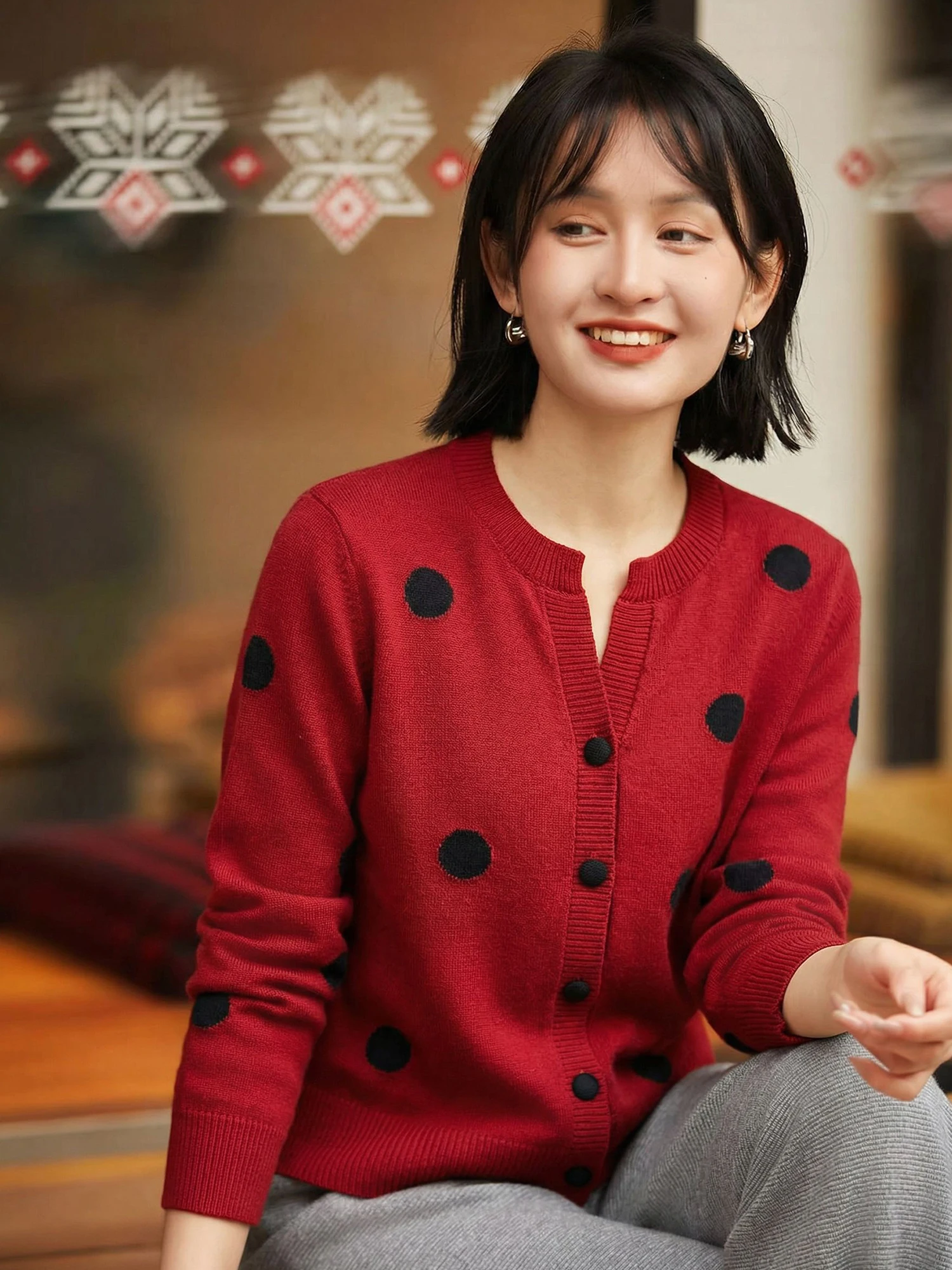 

Винтажный шерстяной вязаный кардиган Chivirin с V-образным вырезом, женский, весна-осень, красный, приталенный, с длинными рукавами, теплый