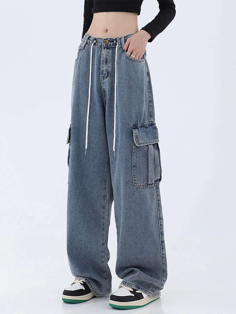 

High Waisted Cargo Jeans for Women, Straight Wide Leg Jeans, Loose Streetwear, Blue, Vintage, Y2K, Autumn, New, 2023 Blue 90S