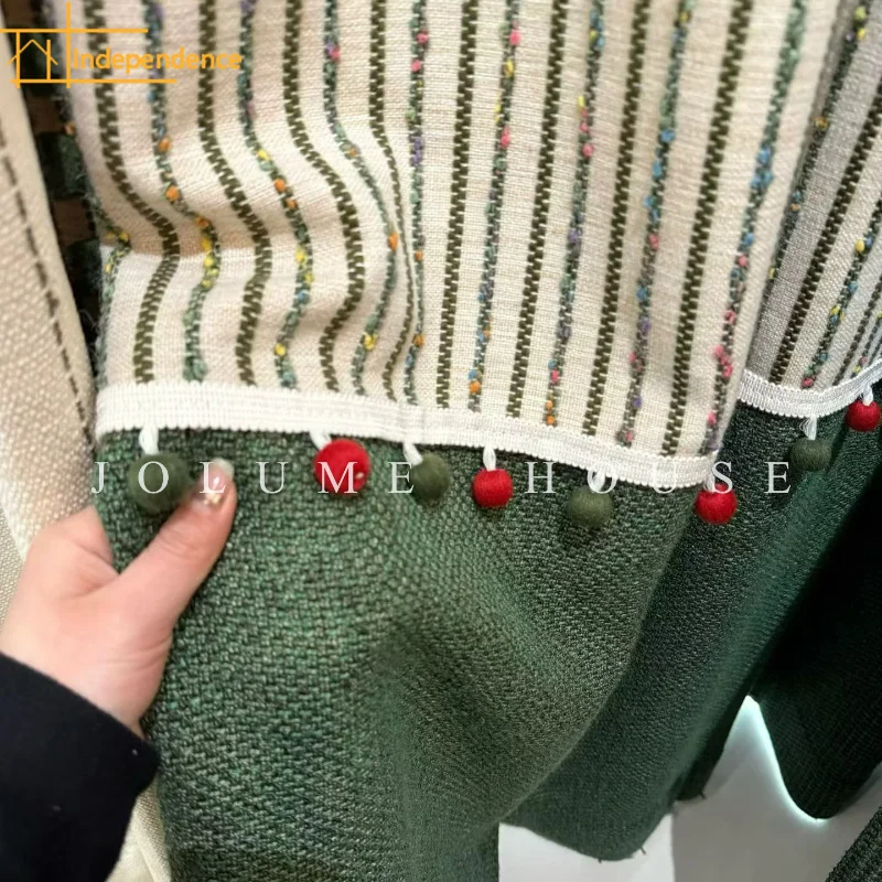 New American Retro Cotton Linen Ink Green Jacquard Patched Curtains for Living Room Bedroom French Window Customized Products