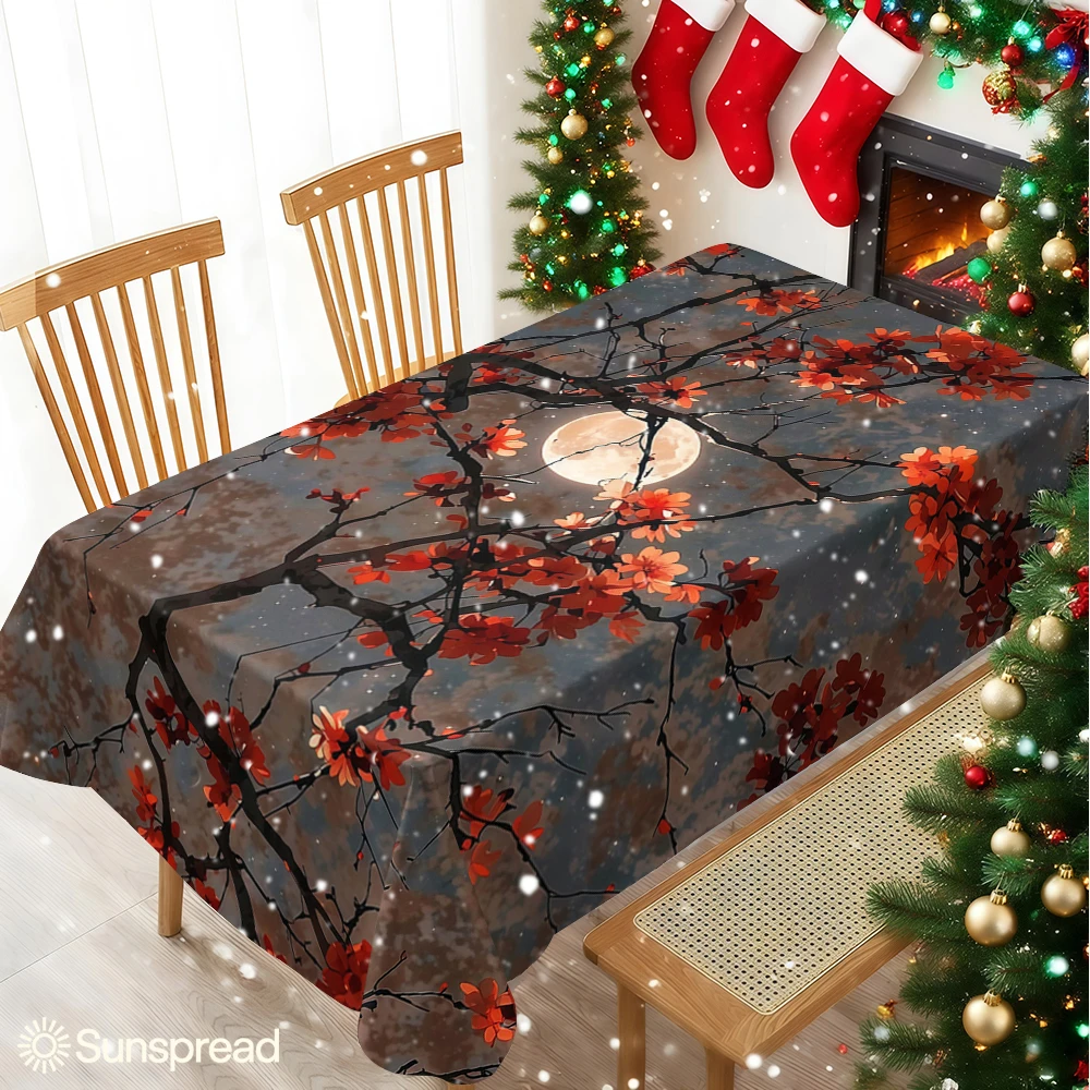 Red Cherry Blossom Branches Table Cloth Waterproof Tablecloth Spill Proof Table Cloth, Wipe Clean Table Cloth for Dining Camping