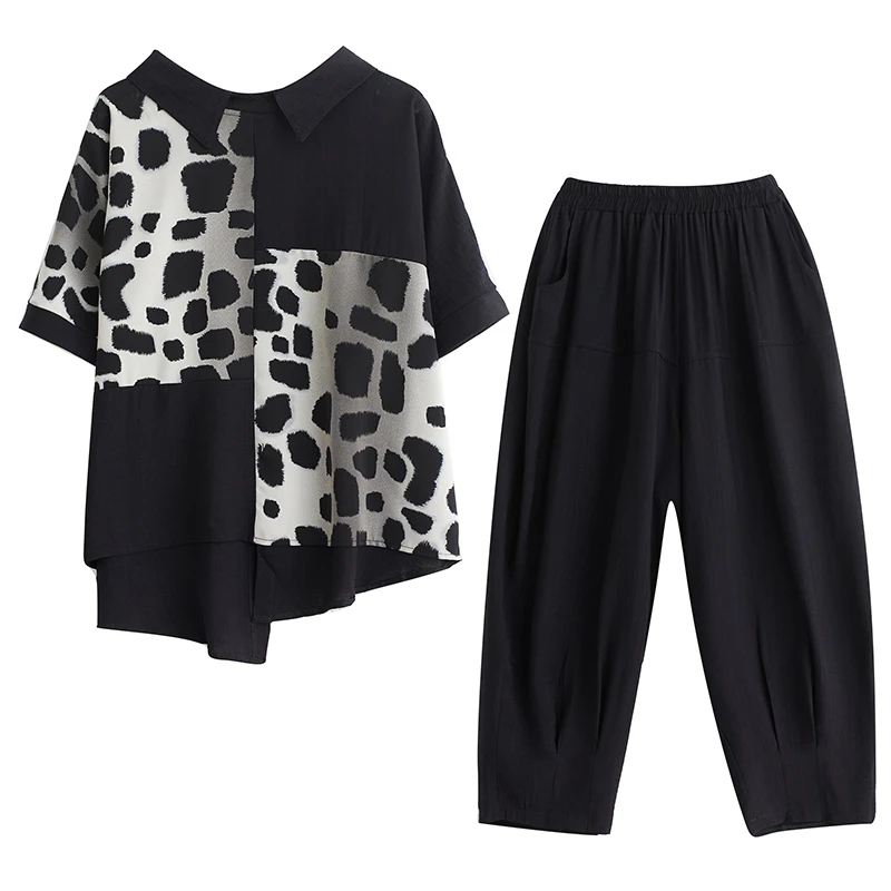 Lässige Baumwoll-Leinen-Hose mit weitem Bein, Sommer-Outfit für Damen, zweiteiliges Set, lockere Passform, künstlerisches SLE-Plus-Size-Top und Bot