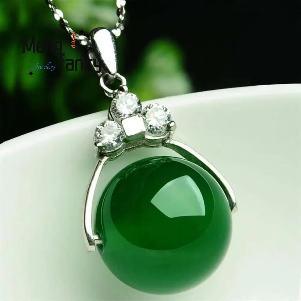 

925 Silver Natural Green Jade Chalcedony Round Agate Pendant Amulets Mascots Fine Jewelry Women Gift Luxury Customized Necklace