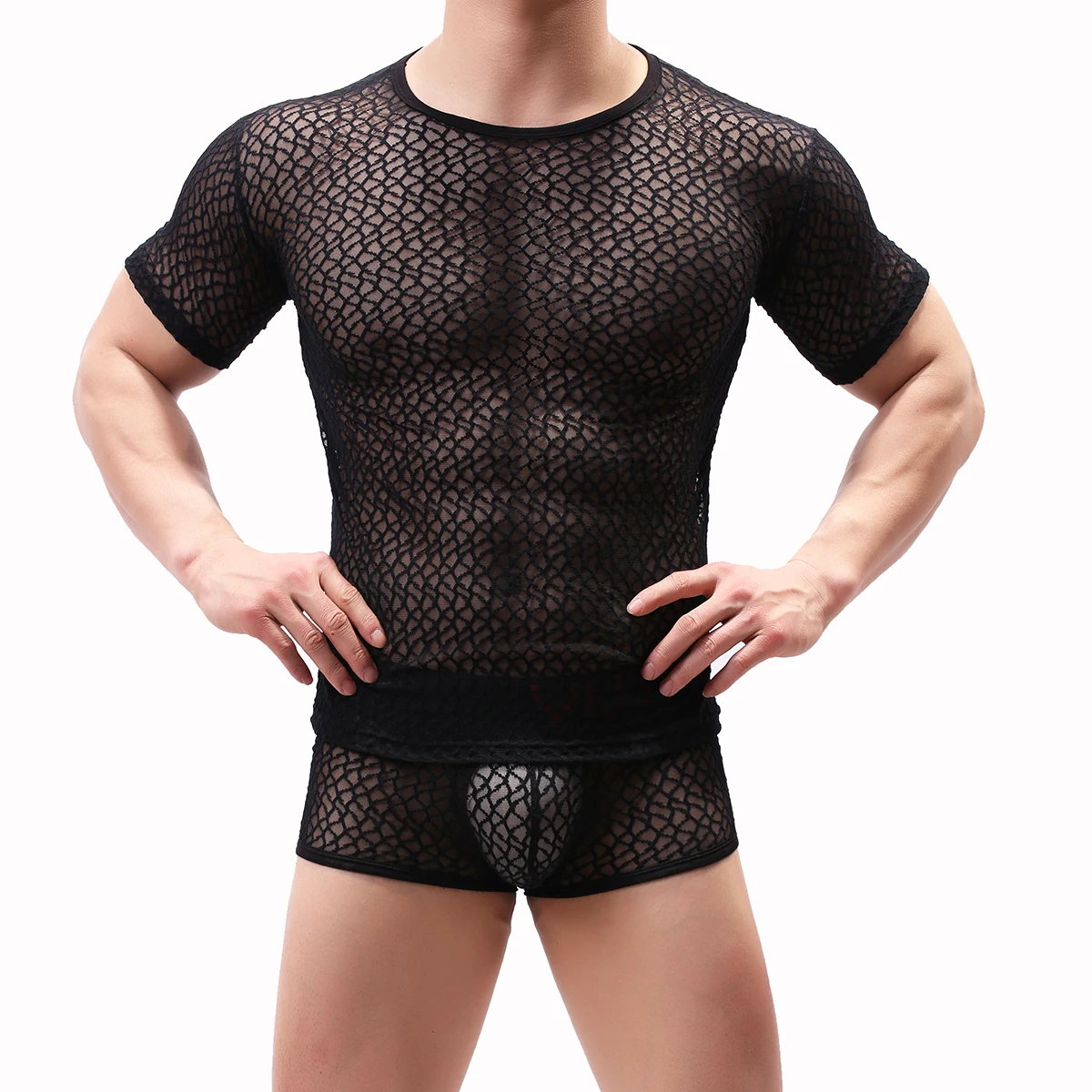 Men's Mesh See-through Fishnet T Shirt Fashion Sexy Short Sleeve Nightclub Wear T-shirt Men Party Perform Streetwear Tops