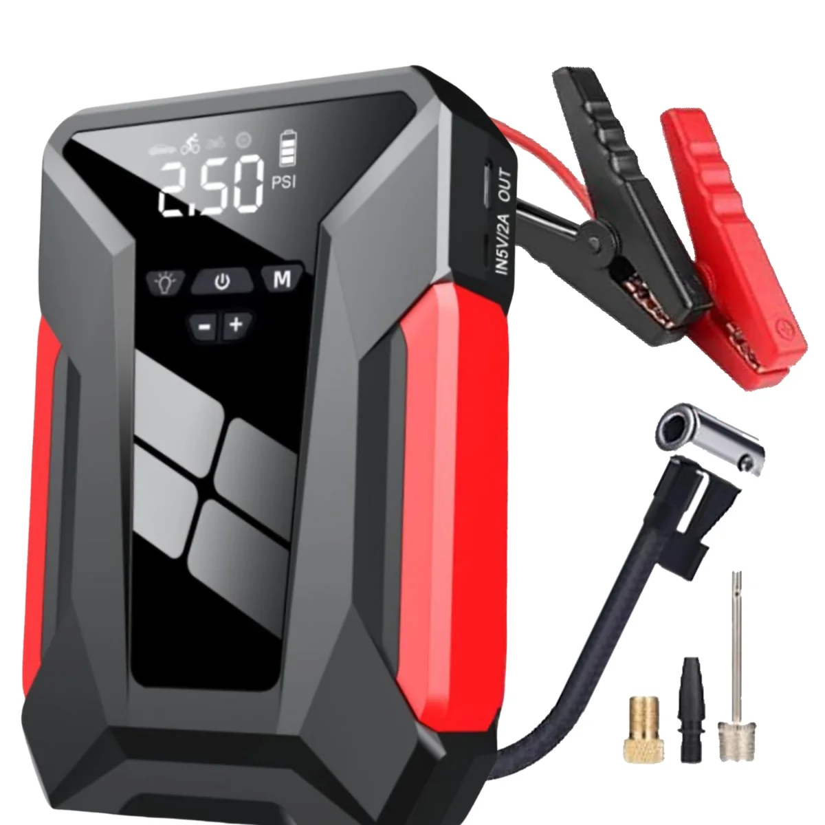 Car battery starter with wheel inflation compressor, flashlight and PowerBank Klack 4 in 1 built-in 17000mAH