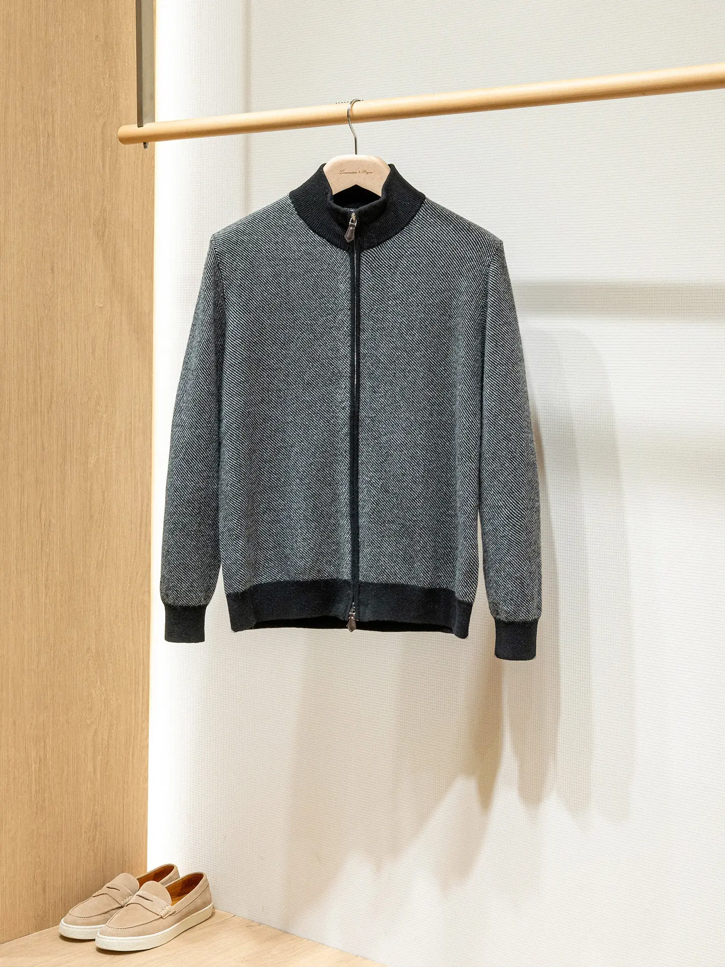 Italian BC 100% wool floral yarn mixed color stand-up neck full zip knitted cardigan sweater jacket