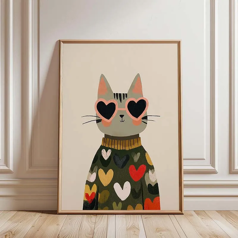 Boho Heart Cat Wall Art Poster Cute Cat Illustration Print Canvas Painting Cartoon Picture for Kid Room Home Decor No Frame