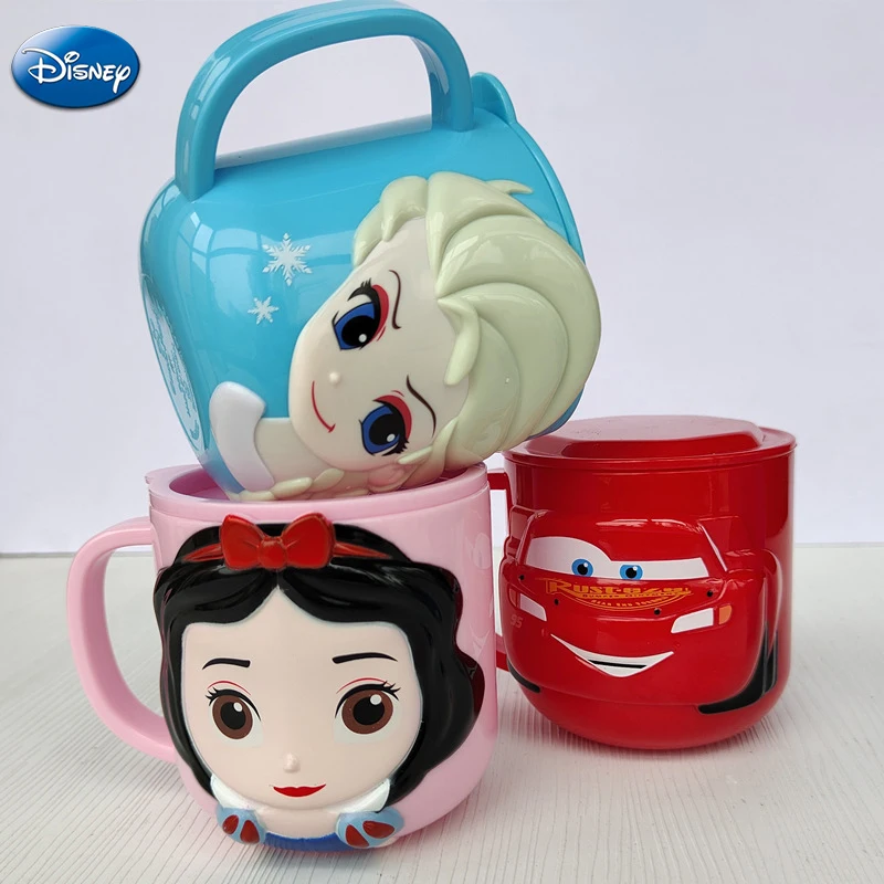 Copo infantil Disney com tampa, caneca de leite, Elsa congelada, desenhos animados 3D, copo escovador de boca, copo de água potável, mickey, ponto,