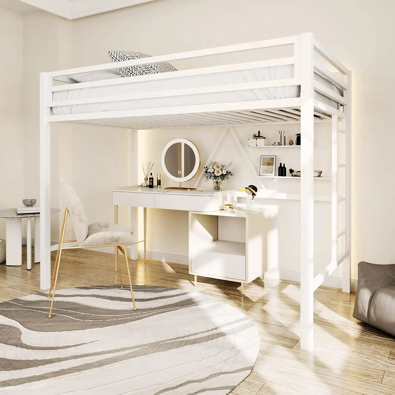 Metal Loft Bed Twin Safety Guardrail & Ladder Cream White No Box Spring Space Saving Bedroom Furniture, Customized