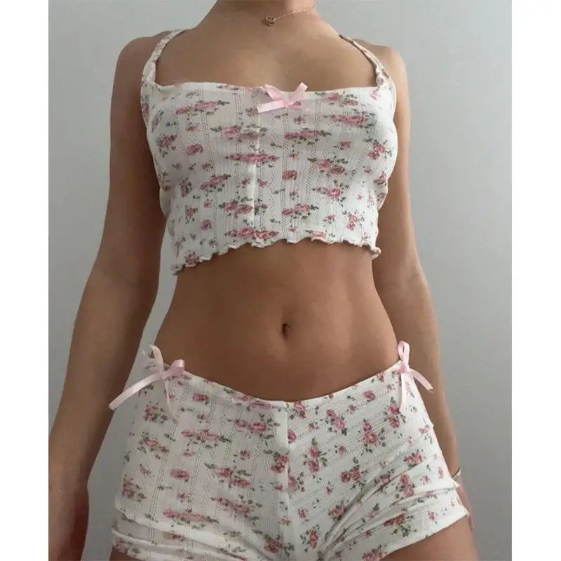 مجموعة حزام مطبوع عليه زهور مثيرة لصيف 2023 ملابس منزلية للفتيات الجميلات بتصميم من مزيج القطن وعقدة orts #1