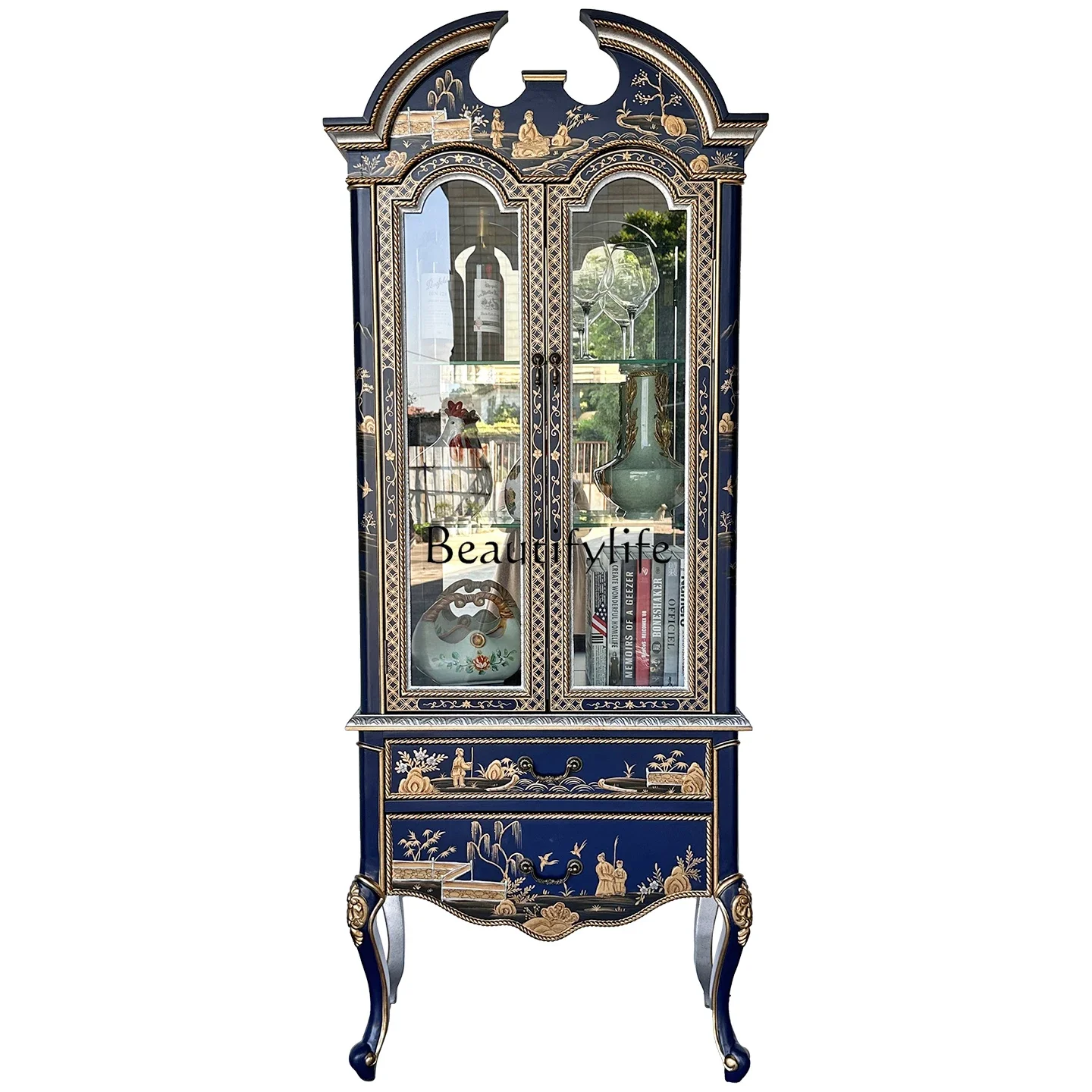 

LJYFrench Double Door Glass Wine Cabinet Light Luxury American Blue Painted Bookcase