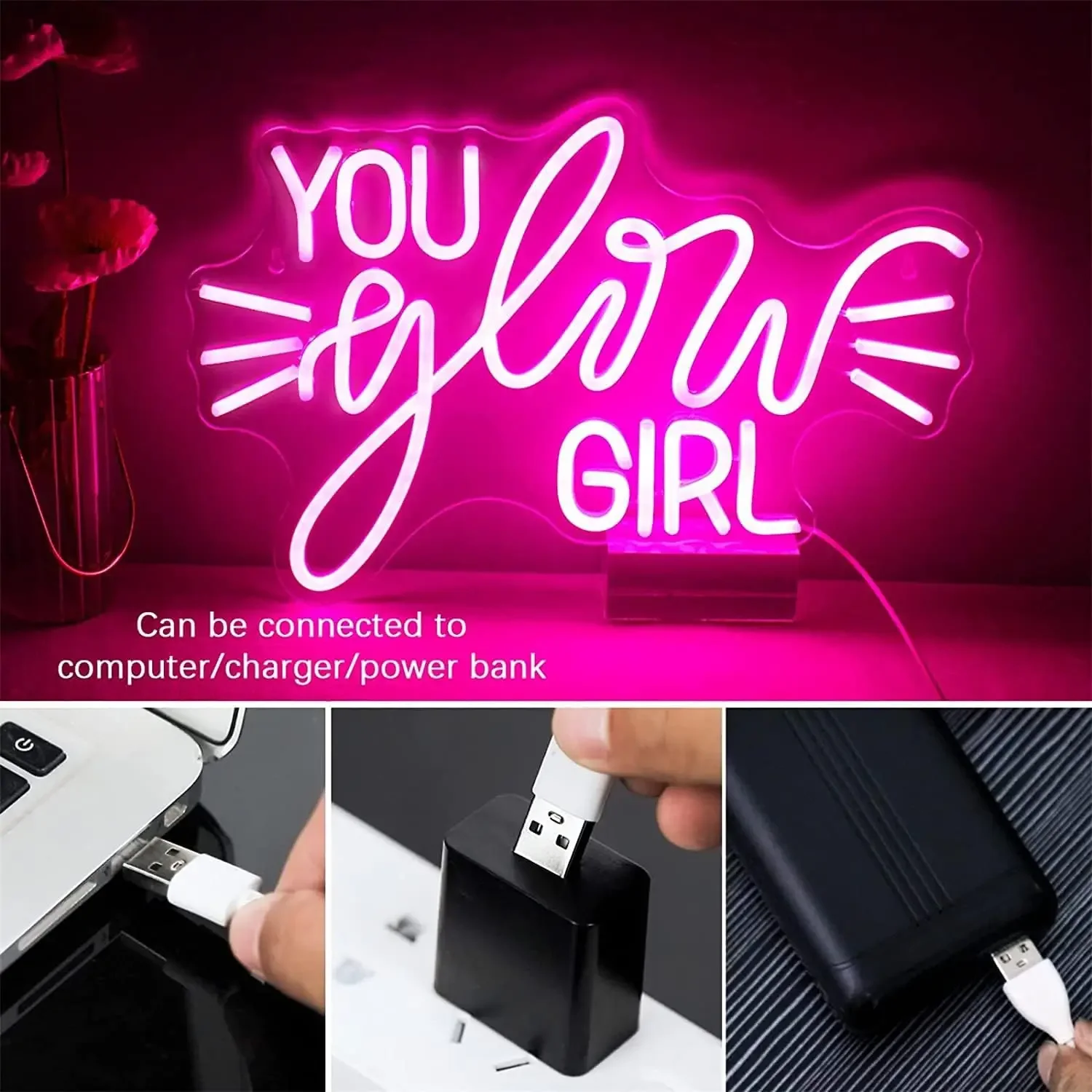 You Glow Girl Neon Sign LED Wall Art USB Powered Lamp Bow Theme Decor Home Bedroom Beauty Salon Party Aesthetic Hanging Light