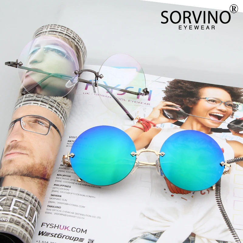 Fashion Lady Rimless Round Sunglasses Metal Female Trendy Reflective Blue Film Men Sun Glasses Cut Lens Spectacle Plain Eyewear