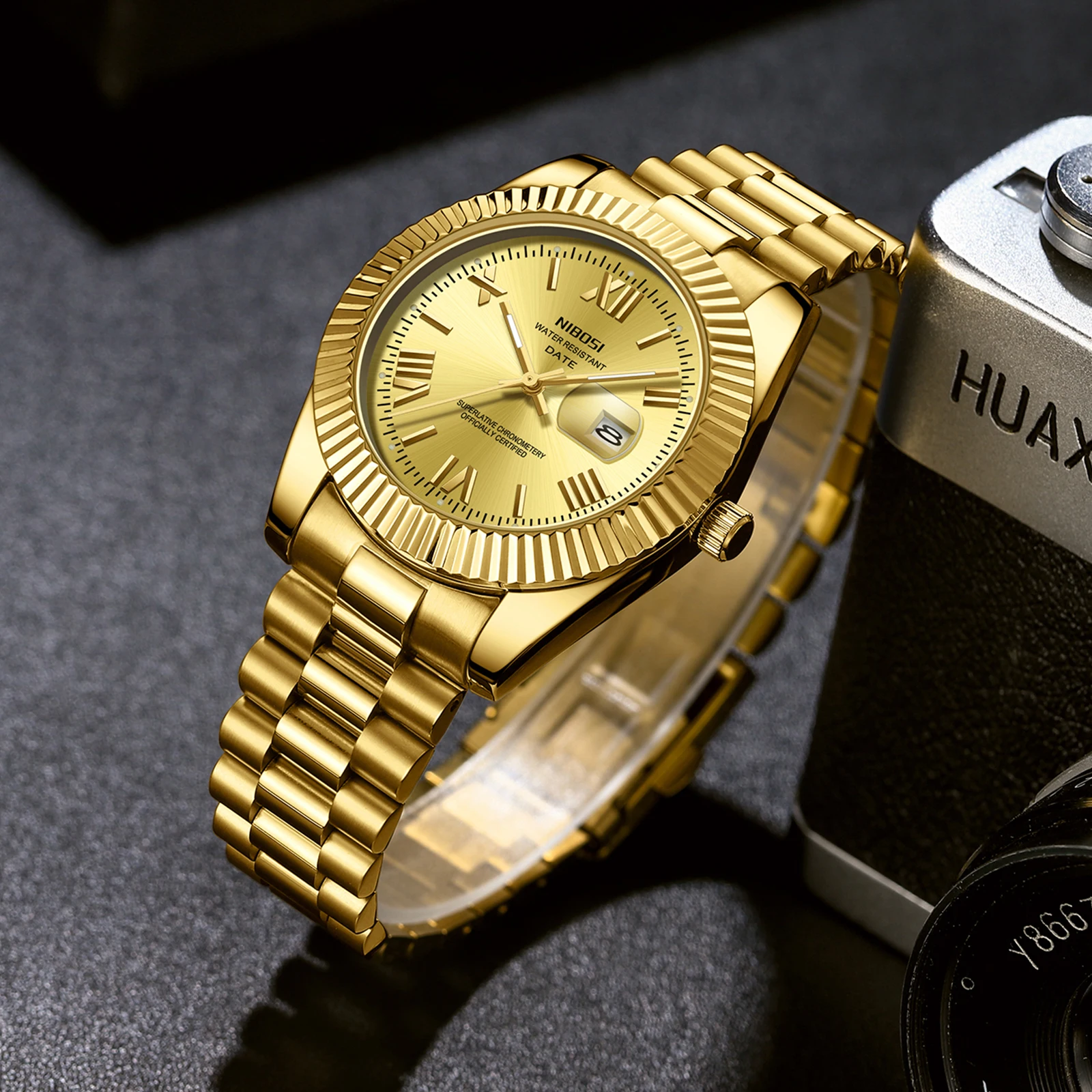 NIBOSI ساعات ذهبية فاخرة للرجال العلامة التجارية الأعلى الكلاسيكية دور كوارتز ساعة رجالية مضيئة مقاوم للماء تاريخ فستان ساعة الأعمال الرجال