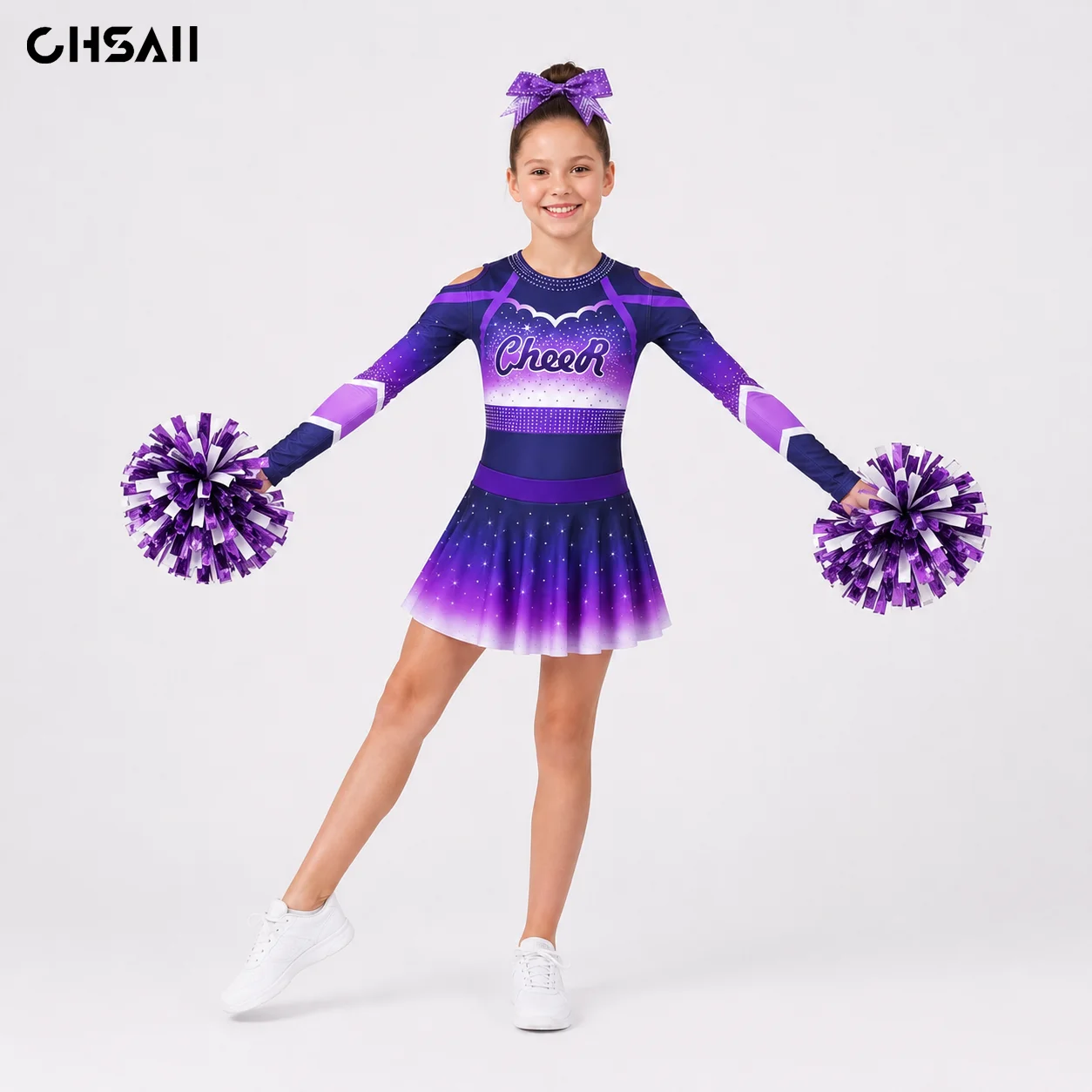 purple cheerleader dress Girls Cheerleading Uniform Purple Gradient Sparkle Long Sleeve Cheerleader  Outfit Skirt Cold Shoulder Dance Costume Competition
