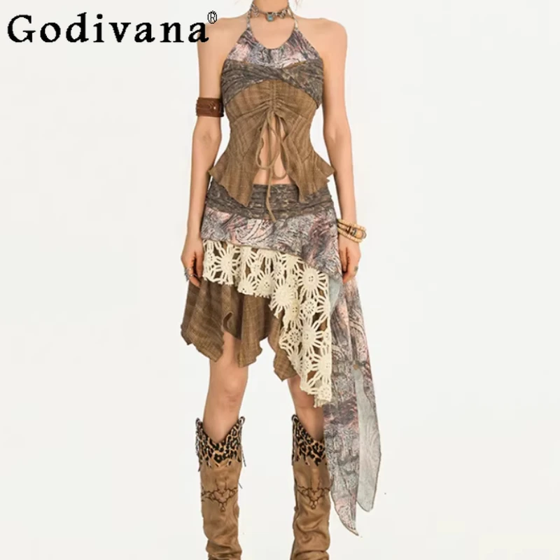 Spring Summer New Sexy Women Heavy Industry Splicing Skirt Fashion Versatile Irregular A-line Street Vintage Brown Long Skirts