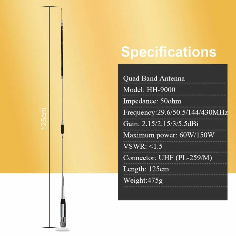 HH-9000 Antenna Quad Band Car Mobile Radio Antenna SL16-Male 29.6/50.5/144/435MHz for TYT TH-9800 QYT KT-8900D KT-7900D Radios