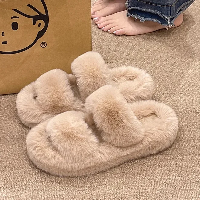 Autumn/Winter 2024 New Women's Plush Cotton Slippers Home Indoor Flat Bottom Anti-Slip Velvet Sole Female Outerwear