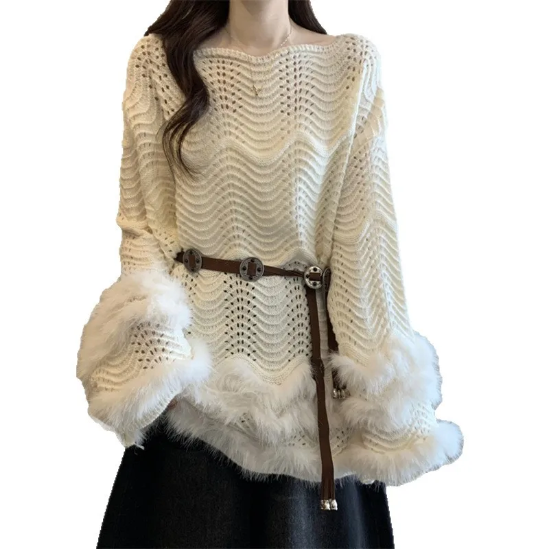 

Fashionable and gentle style, fluffy sweater, women's design sense, lace-up knitted sweater, trendy top