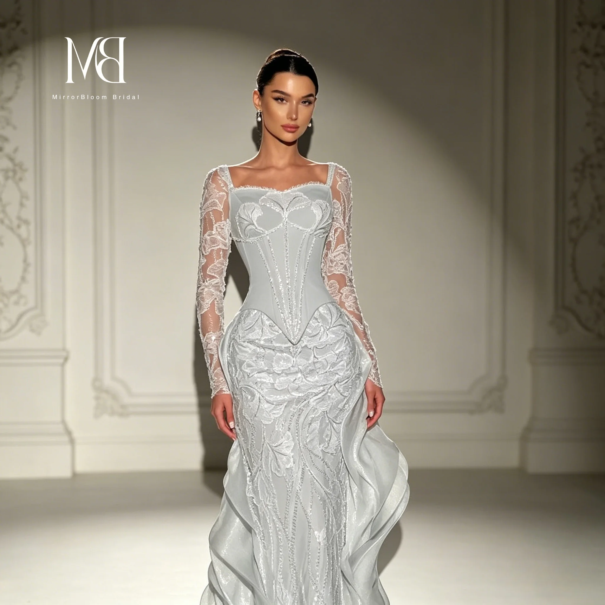 

Luxurious Silver Strapless Embroidered Fishtail Evening Gown Floor Length Sweeping Train Formal Dress Elegant Gown